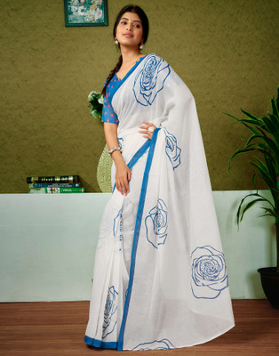 Samah Floral Print, Geometric Print, Printed Sambalpuri Chanderi, Cotton Blend Saree(Blue, White)