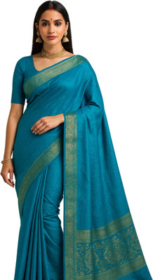 EZIESHREE Solid/Plain Daily Wear Cotton Silk Saree(Dark Blue)