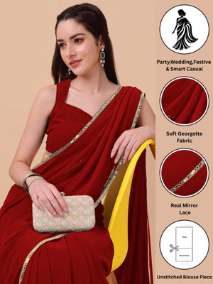 Rensa Solid/Plain Kasavu Georgette Saree(Red)