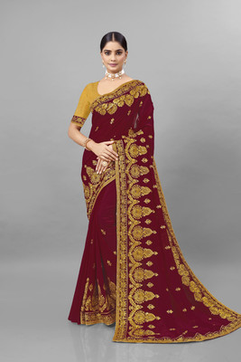 KHRITI FAB Embroidered, Floral Print Bollywood Georgette Saree(Maroon)