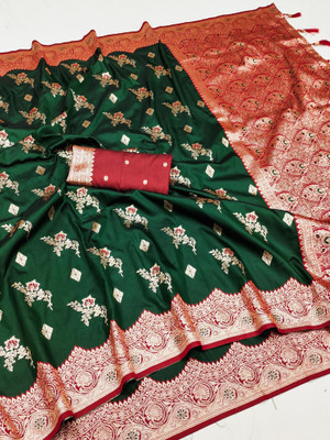fabguru Woven, Floral Print, Geometric Print Banarasi Silk Blend Saree(Dark Green)