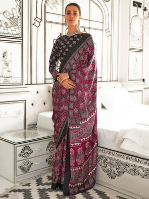 ANOUK Printed Hand Batik Crepe Saree(Pink)