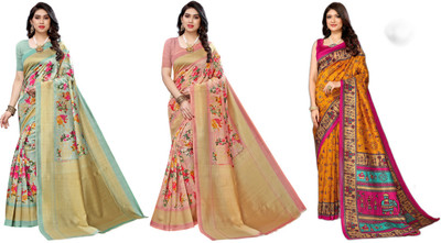 ANIRAV Printed Kasavu Art Silk Saree(Pack of 3, Light Green, Pink, Yellow)