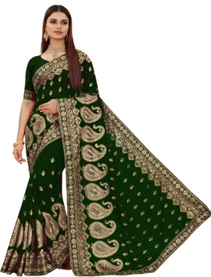 b bella creation Self Design, Embroidered Bollywood Georgette Saree(Green, Gold)
