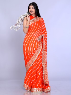 VL SAREES Color Block, Woven, Dyed, Embellished, Hand Painted Leheria Chiffon Saree(Orange)