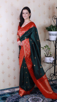 all about you Woven Banarasi Silk Blend Saree(Dark Green)