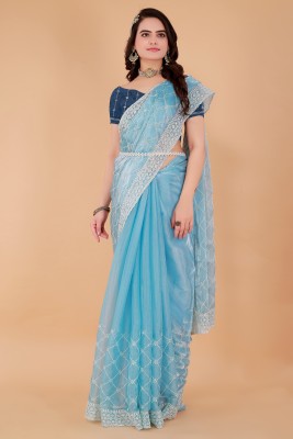 DESI Butik Embroidered Bollywood Organza Saree(Light Blue)