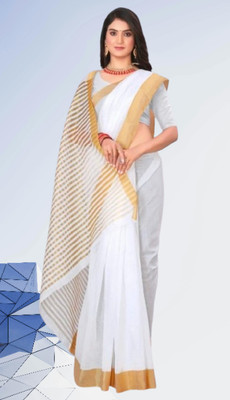 SHRISAREEESa Striped Bollywood Pure Cotton Saree(White)