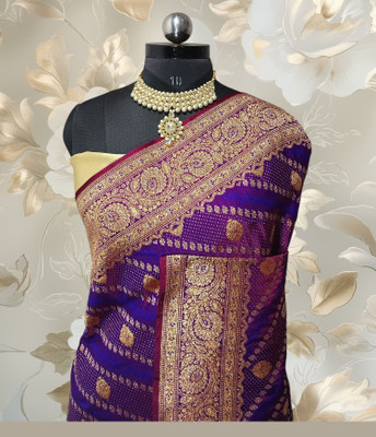 SH Noor saree Floral Print Banarasi Handloom Silk Blend Saree(Dark Blue)