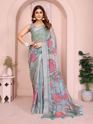 BINAKA FASHION Floral Print, Striped, Woven Daily Wear Cotton Linen Saree(Grey, Blue)