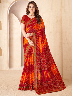 HouseOfCommon Printed Bandhani Chiffon Saree(Red, Orange)