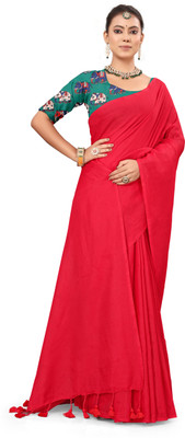 Vastriva Solid/Plain Handloom Khadi Saree(Red)