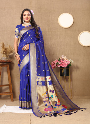 Yogik Creation Floral Print Paithani Silk Blend Saree(Dark Blue)
