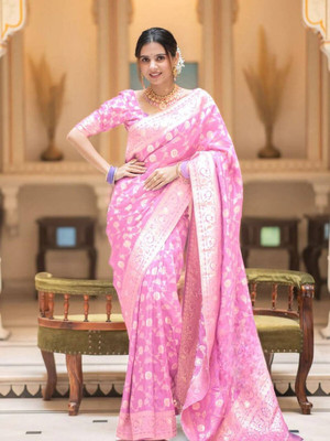 AAINA CREATION Woven Kanjivaram Pure Silk, Art Silk Saree(Pink)
