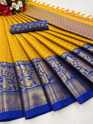 KanjiQueen Woven Kanjivaram Silk Blend, Cotton Silk Saree(Yellow, Blue)