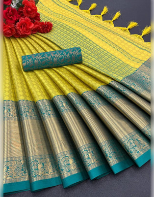looknchoice Woven Kanjivaram Jacquard, Pure Silk Saree(Gold)