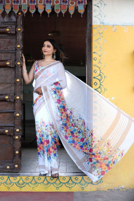ZARISTACREATION Digital Print Bollywood Dupion Silk Saree(White)