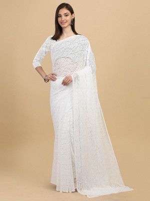IRIS Self Design Bollywood Net Saree(White)