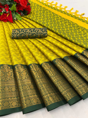 Zinsy Creation Self Design Kanjivaram Silk Blend, Cotton Silk Saree(Yellow, Green)