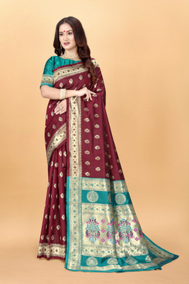 DHAYNAAND REEWA FASHION Woven Kanjivaram Jacquard, Tussar Silk Saree(Maroon)
