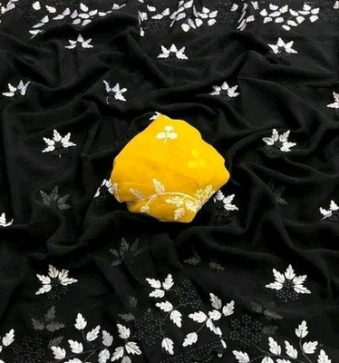 ruhu fashion Embroidered Handloom Chiffon Saree(Black)