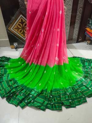 KAKADIYA CREATION Hand Painted Bandhani Chiffon Saree(Light Green)