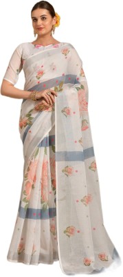 GRANTHI ENTERPRISE Digital Print, Printed, Floral Print, Self Design Daily Wear Cotton Linen Saree(White, Grey)