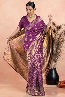 SUBHAM Woven, Embellished Kanjivaram Silk Blend Saree(Magenta, Gold)