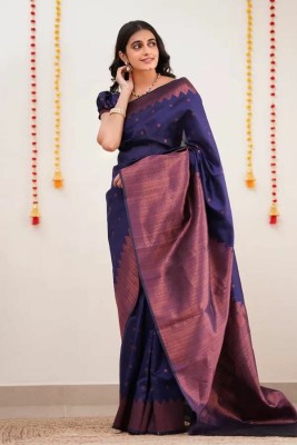 Kyrila Self Design, Solid/Plain, Woven Banarasi Cotton Silk Saree(Blue)