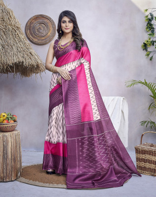 Kjs Printed Ikkat Cotton Blend Saree(Multicolor)