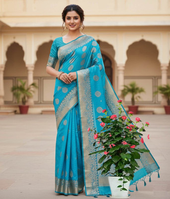 Linenspun Woven, Self Design, Paisley, Floral Print Kanjivaram Art Silk Saree(Light Blue)