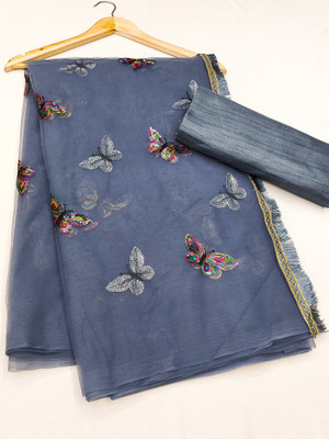 JAKSH FASHION Embroidered Bollywood Net Saree(Grey)