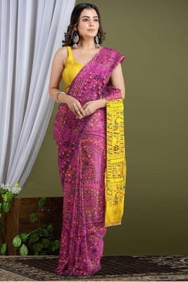 BiswasTextiles Self Design Handloom Cotton Blend Saree(Purple)