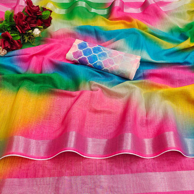 AARADHYA Printed Bollywood Cotton Linen Saree(Pack of 2, Multicolor)