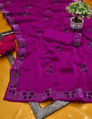 LAXMI SON FASHION Embellished, Solid/Plain Banarasi Chiffon Saree(Purple)