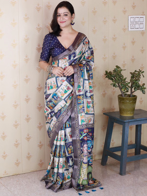 Nayanthara Trends Digital Print Daily Wear Tussar Silk Saree(Blue)