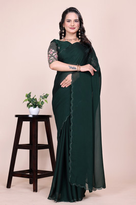 Ttex Solid/Plain Maheshwari Chiffon Saree(Green)
