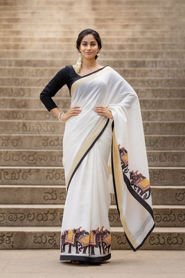 Anjaneya Sarees Printed Bollywood Linen Saree(White, Black)