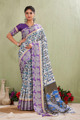 PremVastra Digital Print Kalamkari Mulmul Saree(Blue)