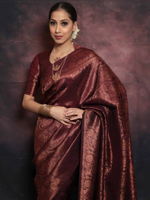 Neel Fashion Self Design Banarasi Silk Blend Saree(Brown)