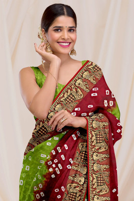DHARMRAJ ENTERPRISE Printed Bandhani Art Silk Saree(Multicolor, Green)