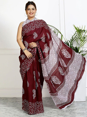 romakrishto Printed Hand Batik Pure Cotton Saree(Maroon)