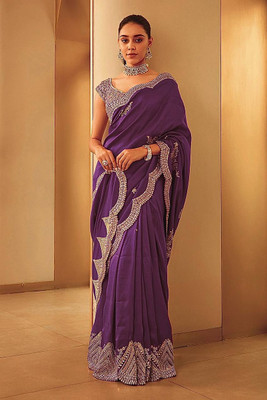 Moda Rapido Embroidered Saree with Attached Blouse Cotton Silk Saree(Purple)