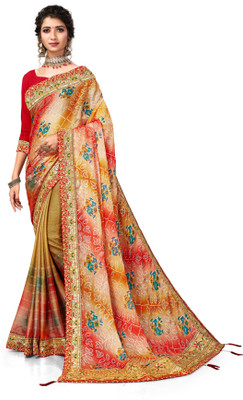 C P Vastralay Digital Print Bandhani Chiffon Saree(Beige)