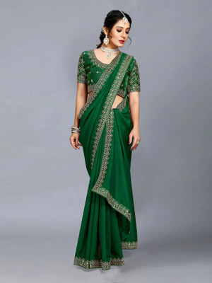 Vivan Fab Self Design, Embroidered Bollywood Polyester Saree(Green)