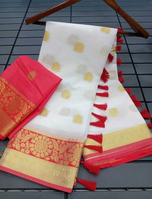 MAANVIT Woven Kanjivaram Pure Cotton, Cotton Silk Saree(White, Red)