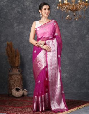 Samah Dyed, Embellished, Embroidered, Self Design, Woven Banarasi Organza Saree(Magenta, Silver)