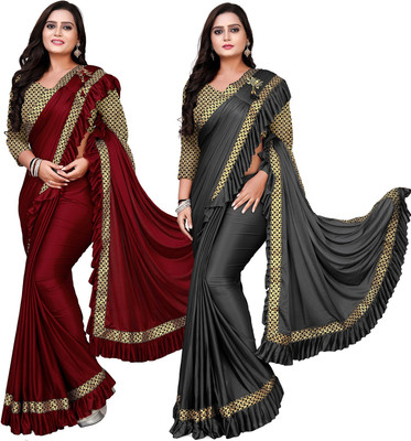DECOFIN Woven, Solid/Plain Bollywood Lycra Blend Saree(Pack of 2, Red, Grey)