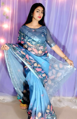 VTEXX Digital Print Daily Wear Cotton Linen Saree(Blue)