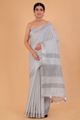 NEGRONI Solid/Plain Daily Wear Linen Saree(Grey)